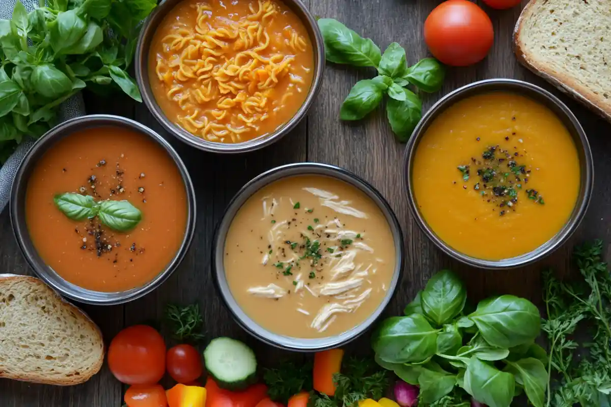 Gluten-free soups guide: bowls of soup with ingredients.