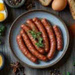 Venison breakfast sausage recipe on a rustic platter.