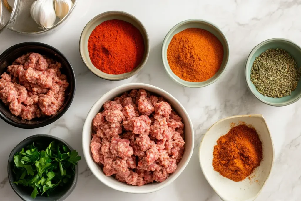 Ingredients for venison breakfast sausage laid out on a counter.