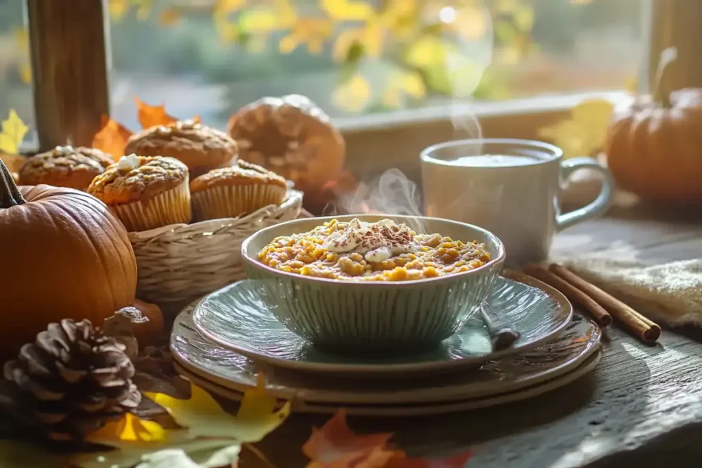 Cozy autumn breakfast with pumpkin oatmeal, muffins, and a steaming cup of coffee, surrounded by pumpkins and autumn leaves.