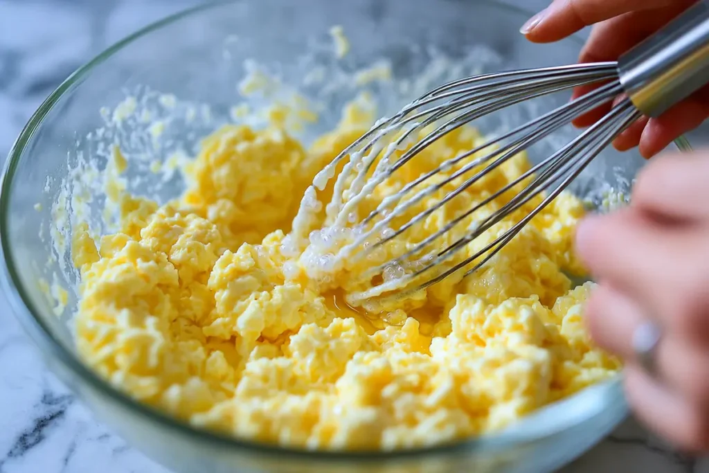 Whisking eggs for fluffy scrambled eggs