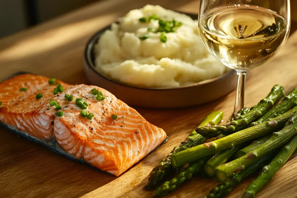 Wine and salmon pairing setup with white wine and salmon fillet