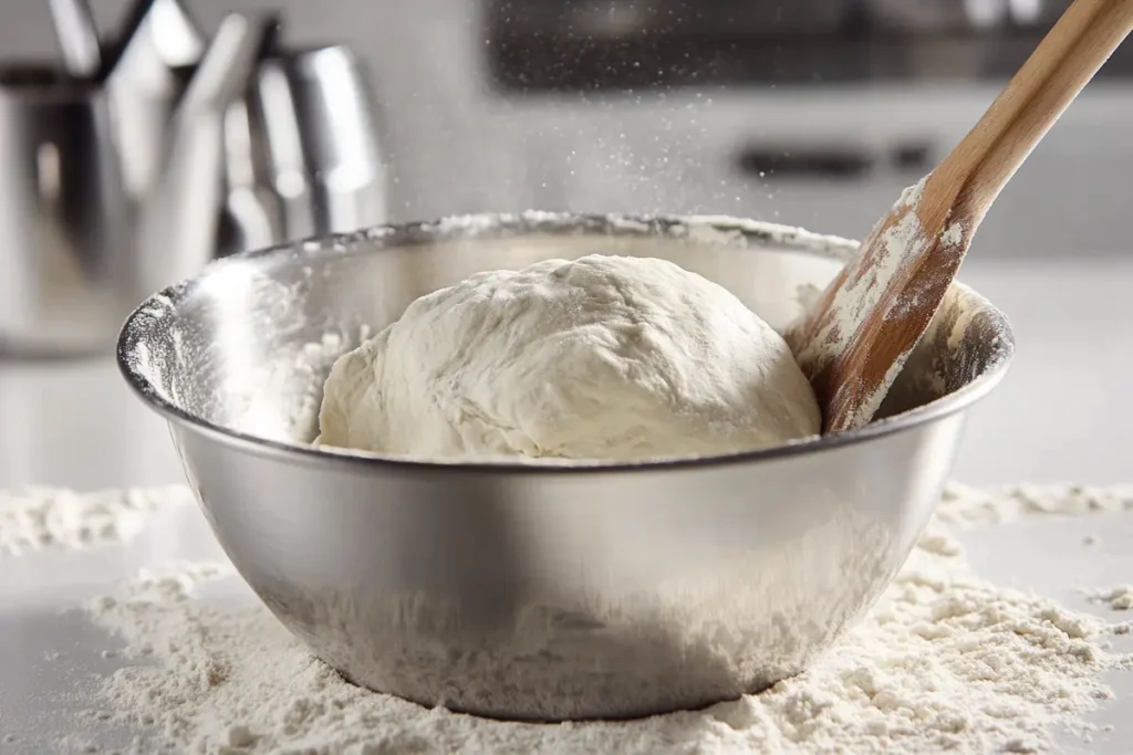 Mixing yogurt bread dough in a bowl