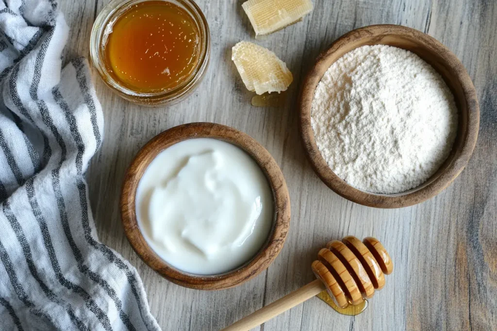 Ingredients for yogurt bread recipe on a kitchen counter