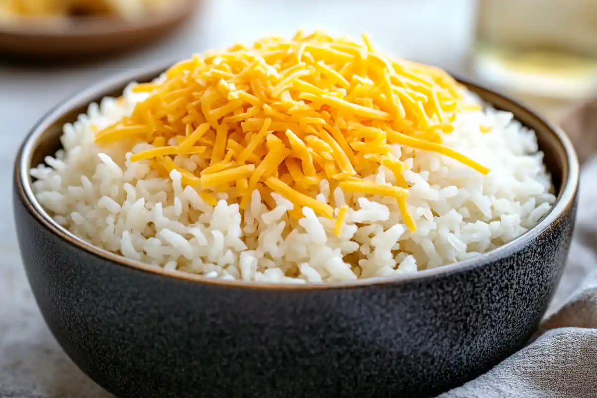 Shredded cheese on rice in a bowl with a spoon.