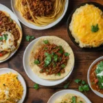 What to make with beef mince - Delicious beef mince dishes on a rustic wooden table.