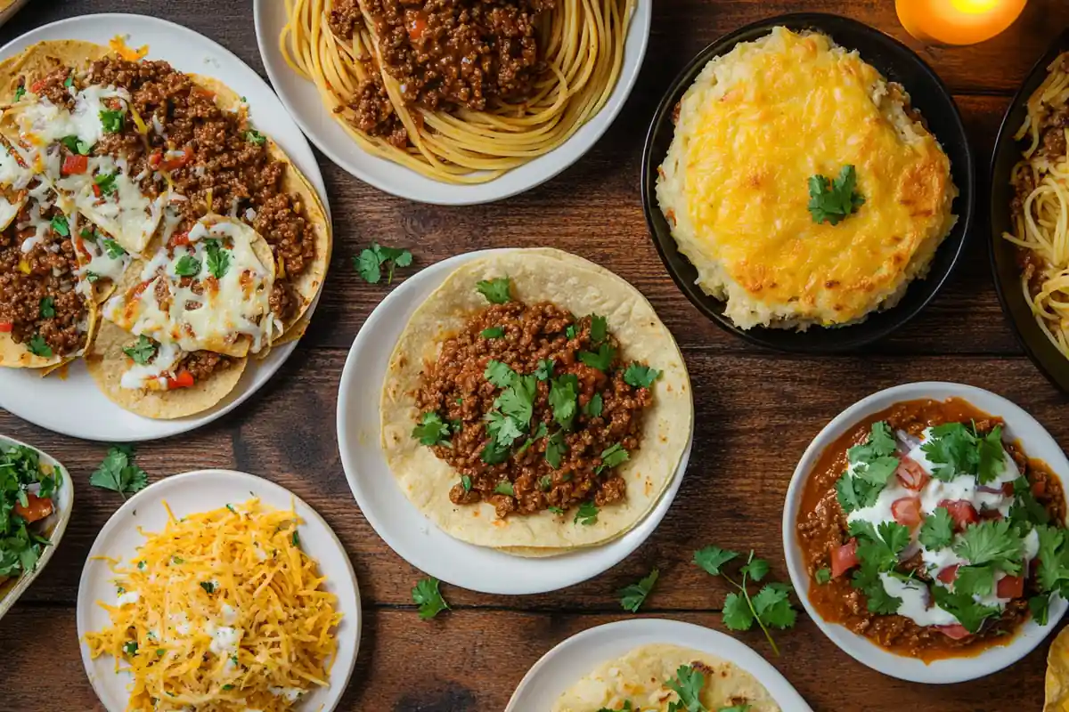 What to make with beef mince - Delicious beef mince dishes on a rustic wooden table.