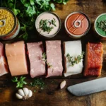 What to do with canned meat? A variety of canned meat products on a wooden kitchen counter.