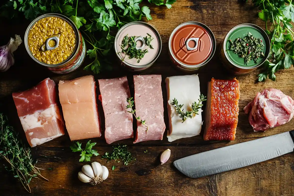 What to do with canned meat? A variety of canned meat products on a wooden kitchen counter.