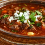 Traditional soup similar to Menudo served in a rustic bowl.