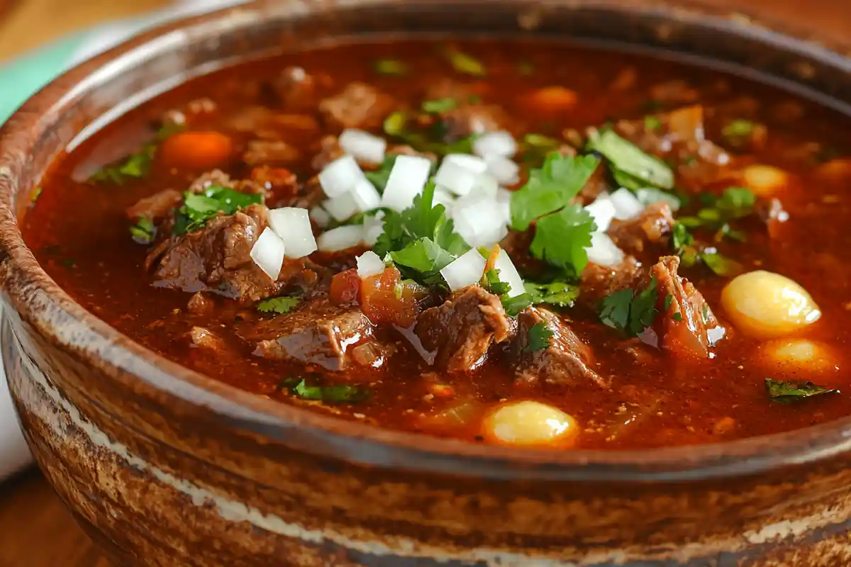 Traditional soup similar to Menudo served in a rustic bowl.