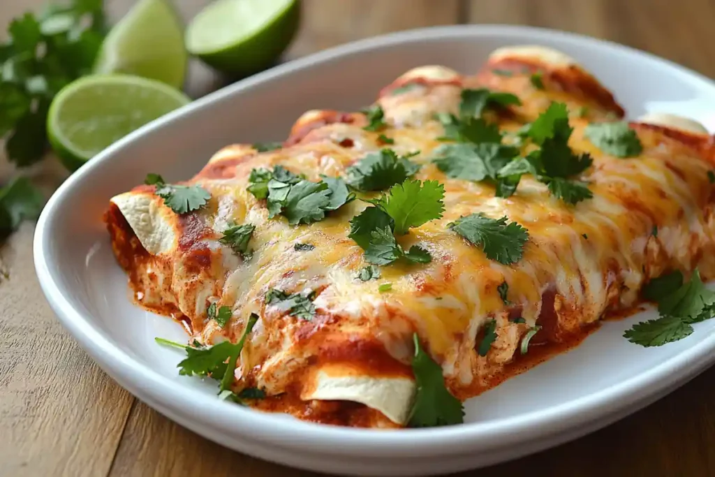 What to do with canned meat? Delicious cheesy chicken enchiladas on a white plate.