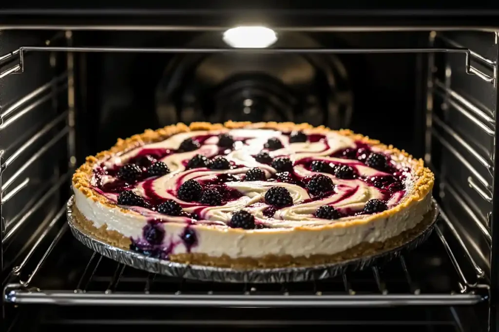 Blackberry cheesecake baking in the oven