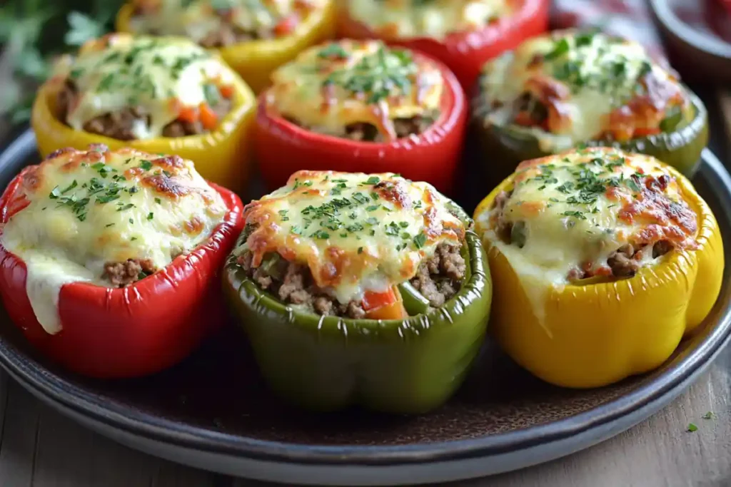 What to make with beef mince - Colorful stuffed bell peppers filled with spiced beef mince.