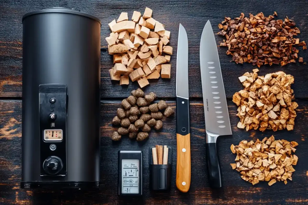 Essential tools for smoking beef recipes, including wood chips and a smoker.