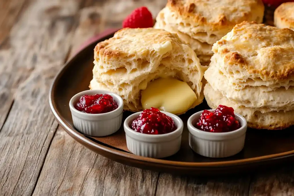 American biscuits with butter and jam - a simple yet tasty pairing.