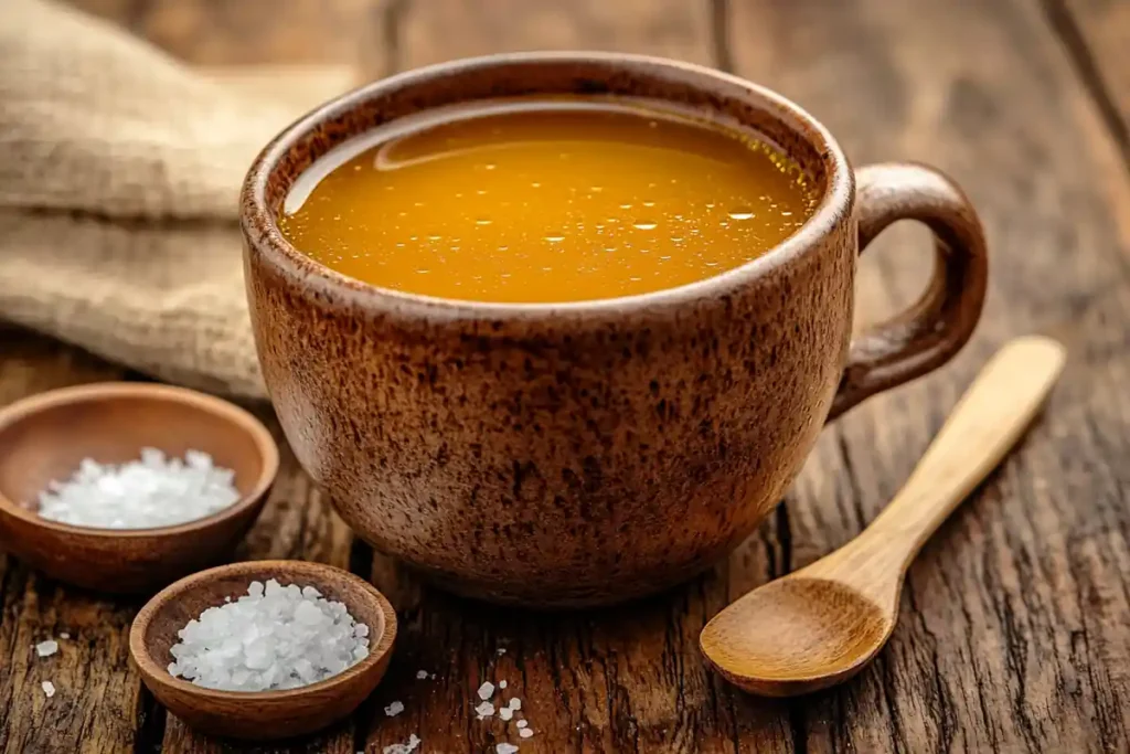 Warm bone broth breakfast in a rustic cup