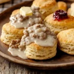 American biscuits pairings - a plate of fluffy biscuits with gravy and jam.