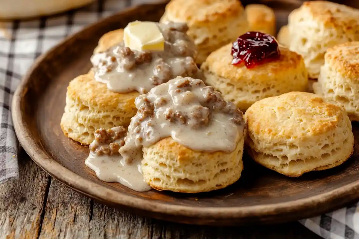 American biscuits pairings - a plate of fluffy biscuits with gravy and jam.