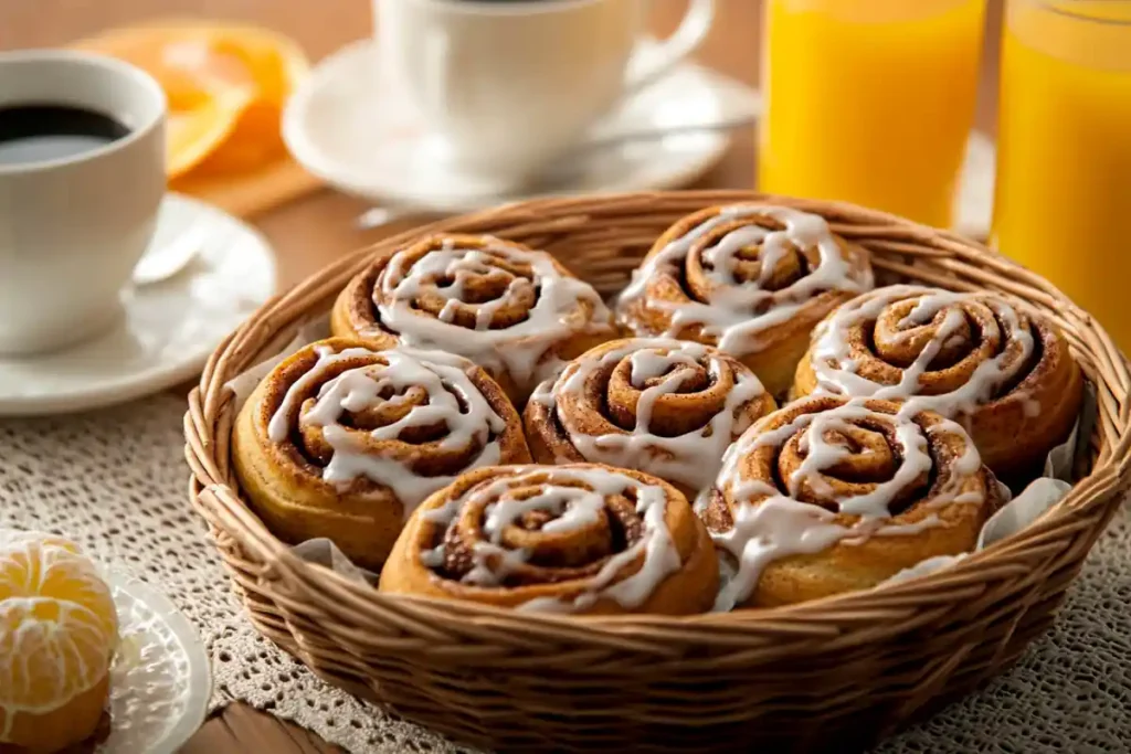 Traditional cinnamon rolls served as a breakfast pastry.