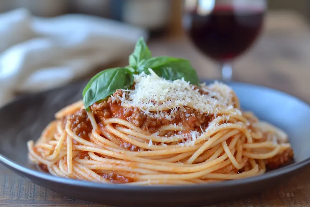 What to make with beef mince - Classic spaghetti Bolognese served with fresh basil and parmesan.