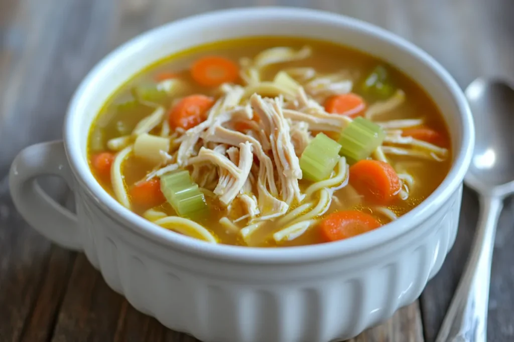 What to do with canned meat? A bowl of hot homemade chicken noodle soup using canned chicken.