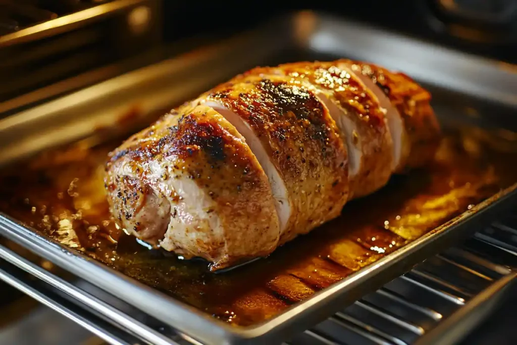 Roasted deli-style turkey being cooked in an oven.