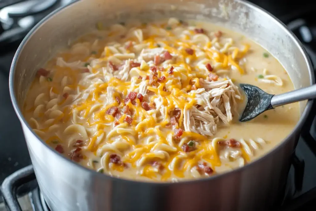 Crack Chicken Noodle Soup being cooked in a large pot.