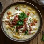 Crack Chicken Noodle Soup served in a bowl with creamy broth and noodles.