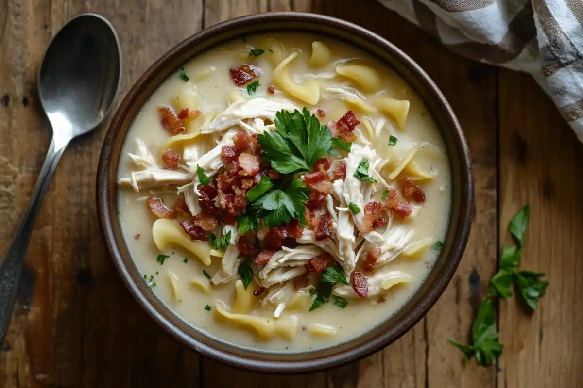 Crack Chicken Noodle Soup served in a bowl with creamy broth and noodles.