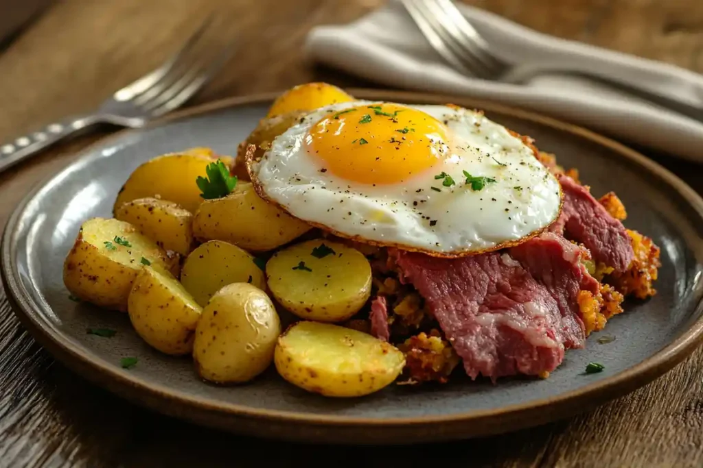 What to do with canned meat? A plate of homemade corned beef hash with eggs.