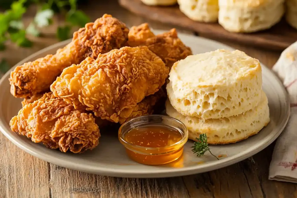 Biscuits with fried chicken - a popular American meal.