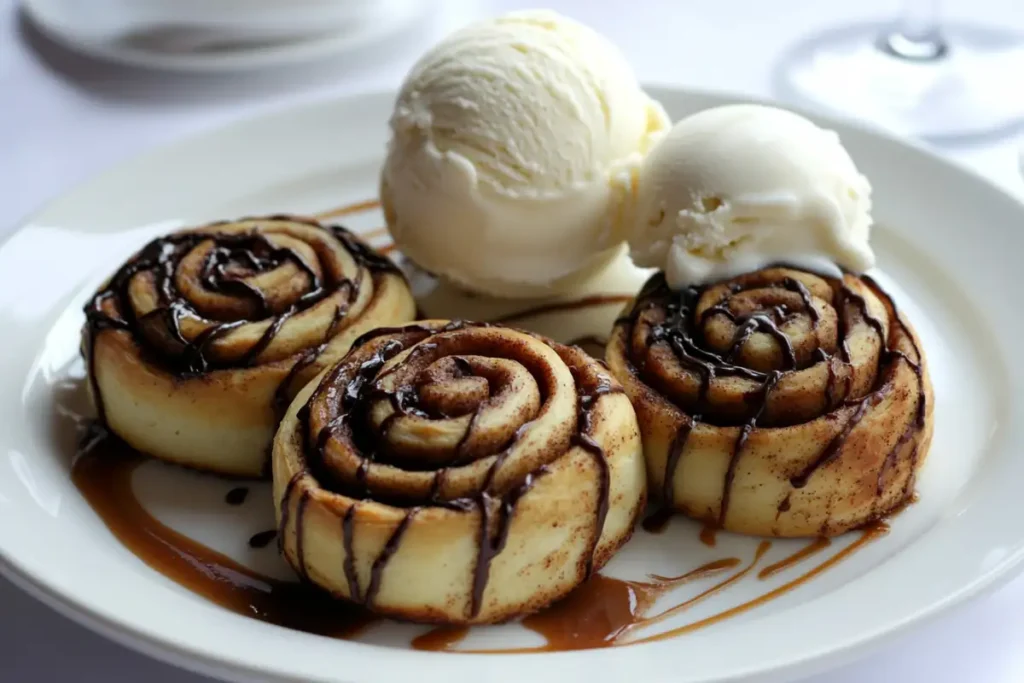 Cinnamon rolls plated with dessert toppings like chocolate drizzle.