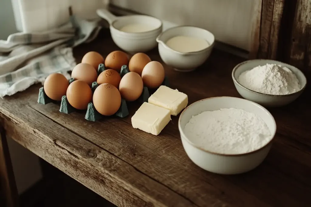 Ingredients used in carnivore diet desserts, including eggs, butter, and cream.