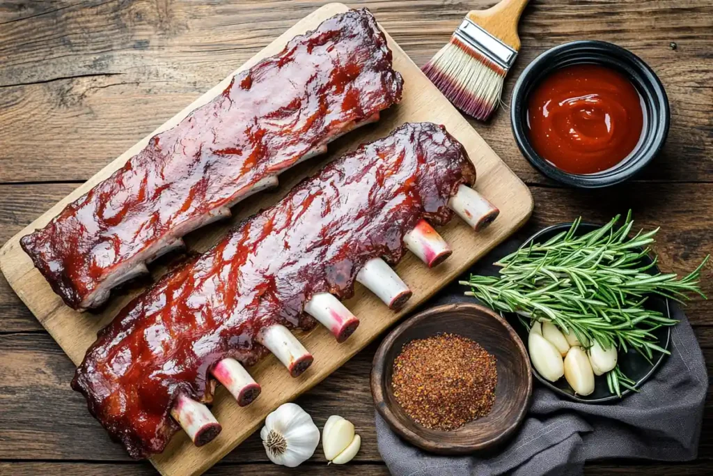 Ingredients for country style beef ribs recipe laid out on a wooden table.