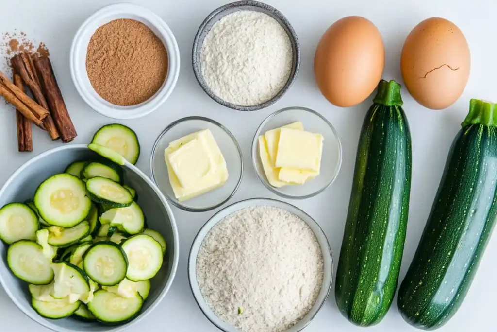 Ingredients for keto zucchini bread arranged on a countertop.