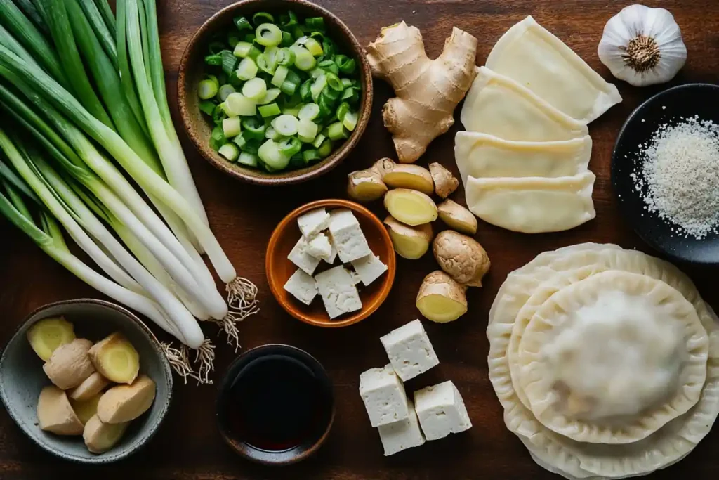 Ingredients for making vegan soup dumplings laid out.
