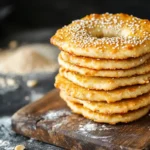 Keto bagel thins stacked with sesame seeds on a wooden board