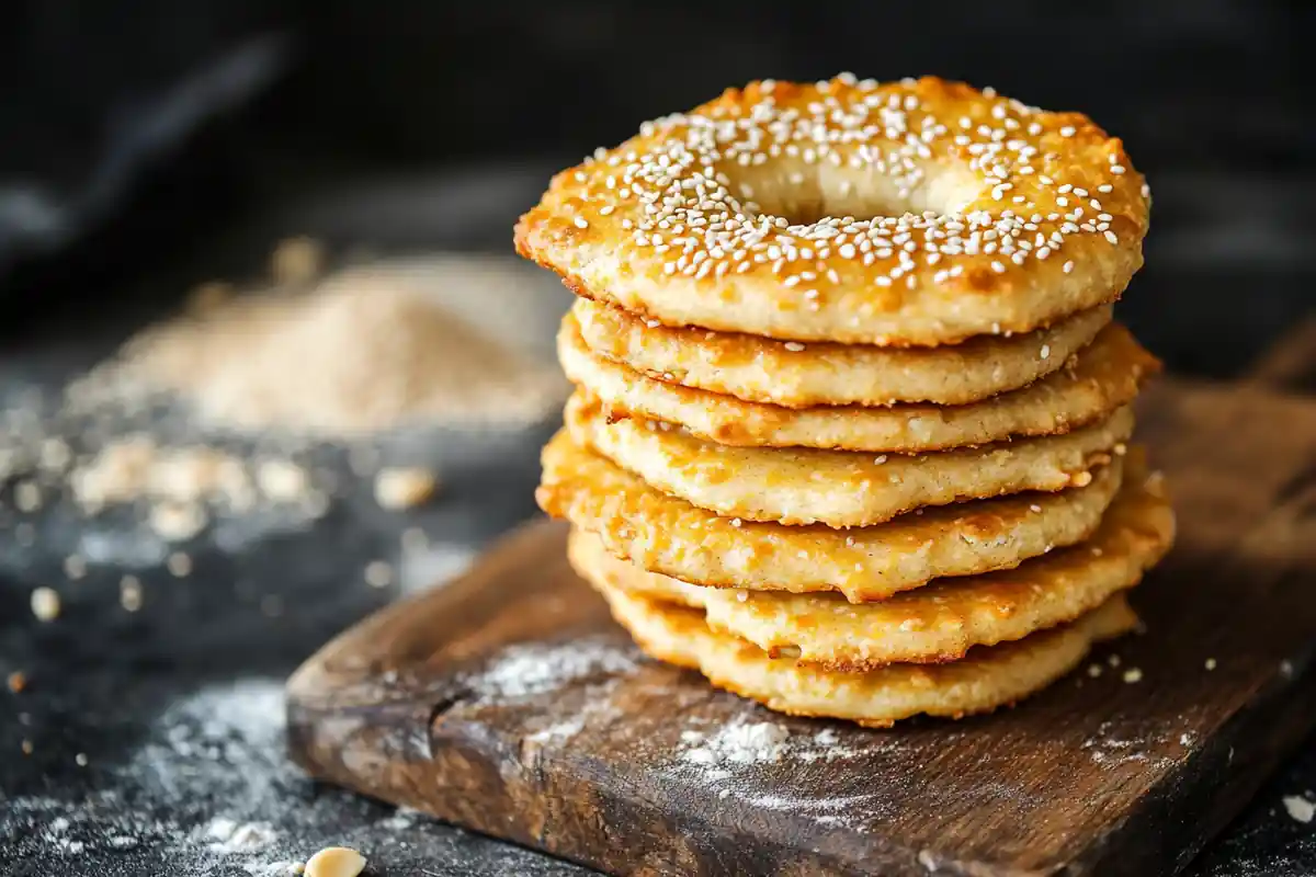 Keto bagel thins stacked with sesame seeds on a wooden board