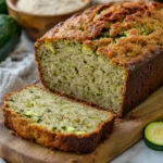 Freshly baked keto zucchini bread loaf on a wooden board.