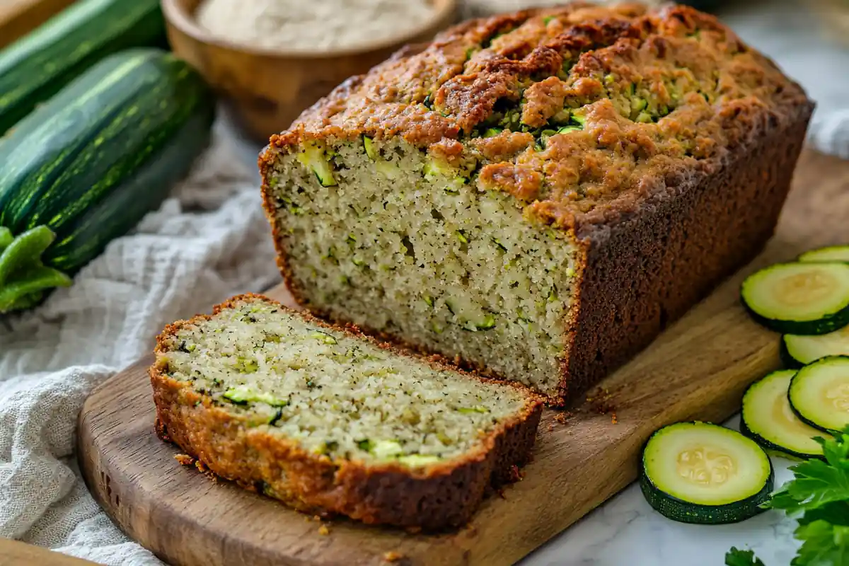 Freshly baked keto zucchini bread loaf on a wooden board.