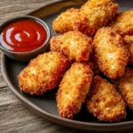 Crispy keto chicken nuggets served on a plate with dipping sauce.