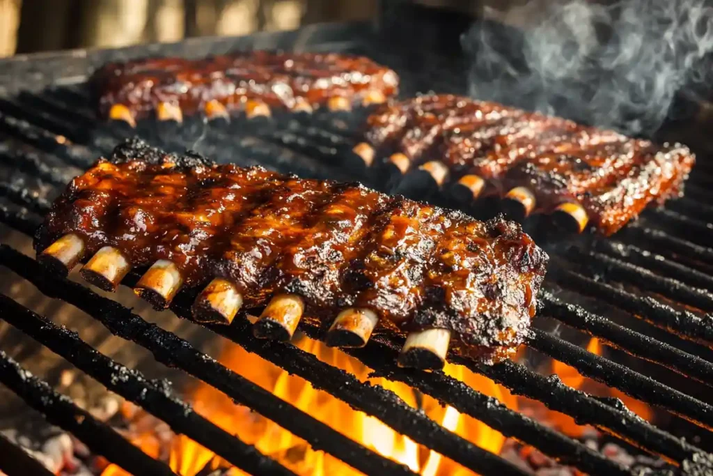 Country style beef ribs slowly cooking on a grill with perfect char marks.