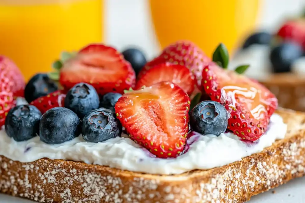 Whole wheat toast topped with yogurt and fresh fruits for a healthy breakfast.