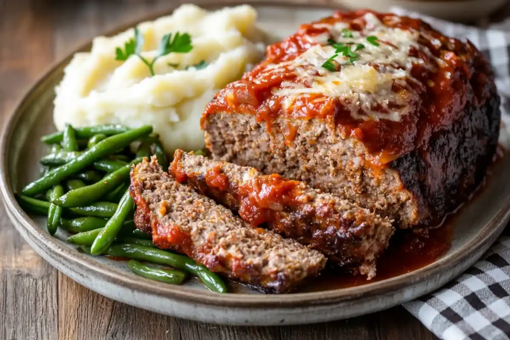 Italian meatloaf slices served with mashed potatoes and greens.