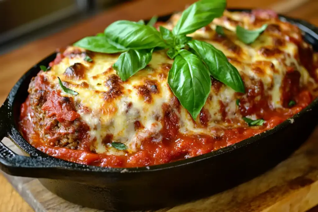 Italian meatloaf covered in marinara sauce and melted cheese.