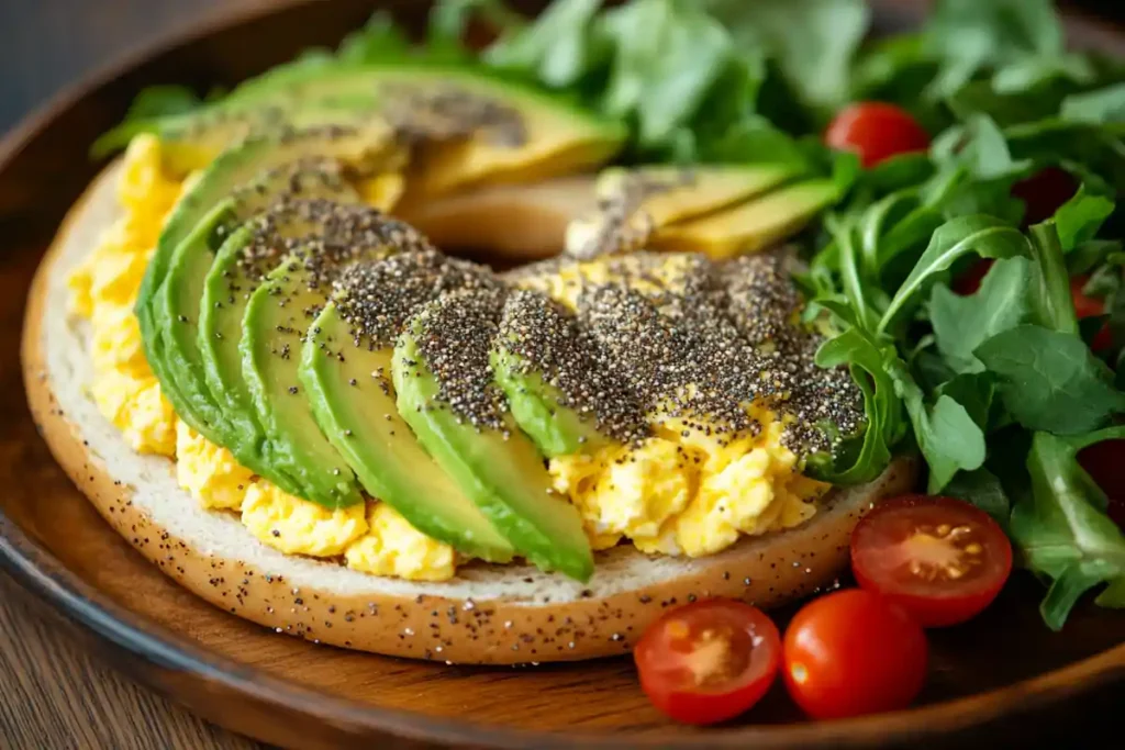 Keto bagel thin sandwich with avocado and eggs