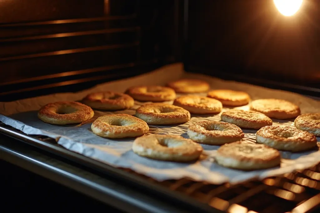 Keto bagel thins baking on a tray inside an oven