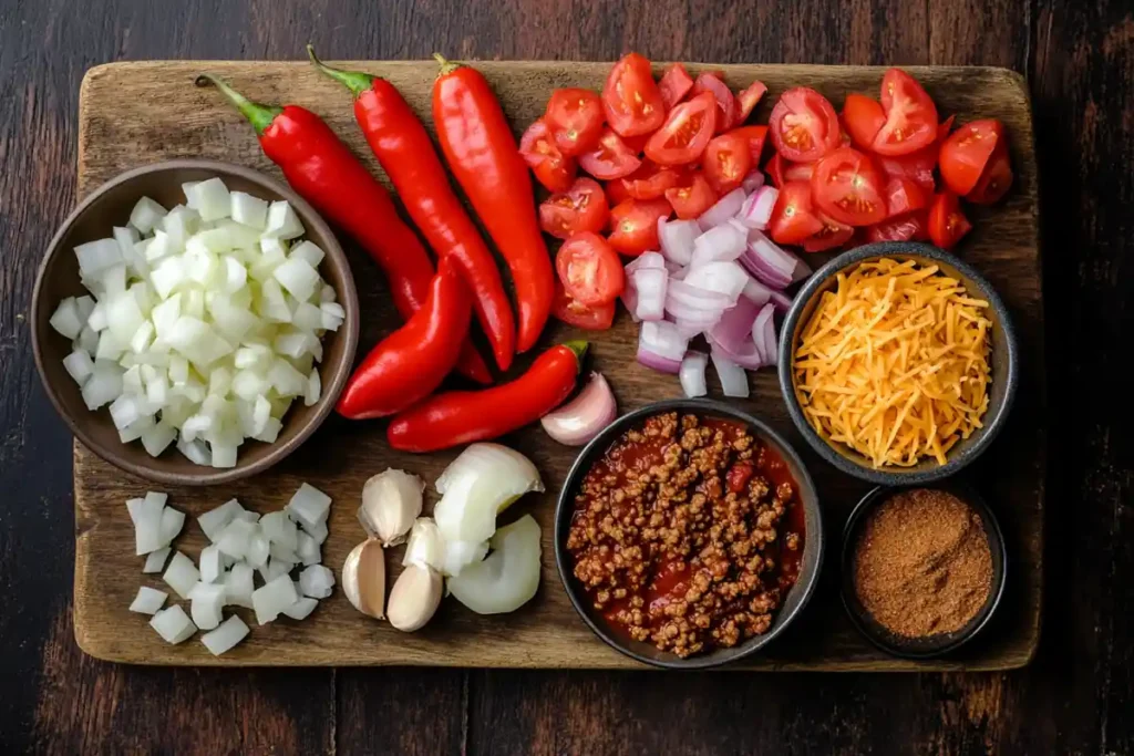 Fresh ingredients for Keto Chili laid out on a wooden board