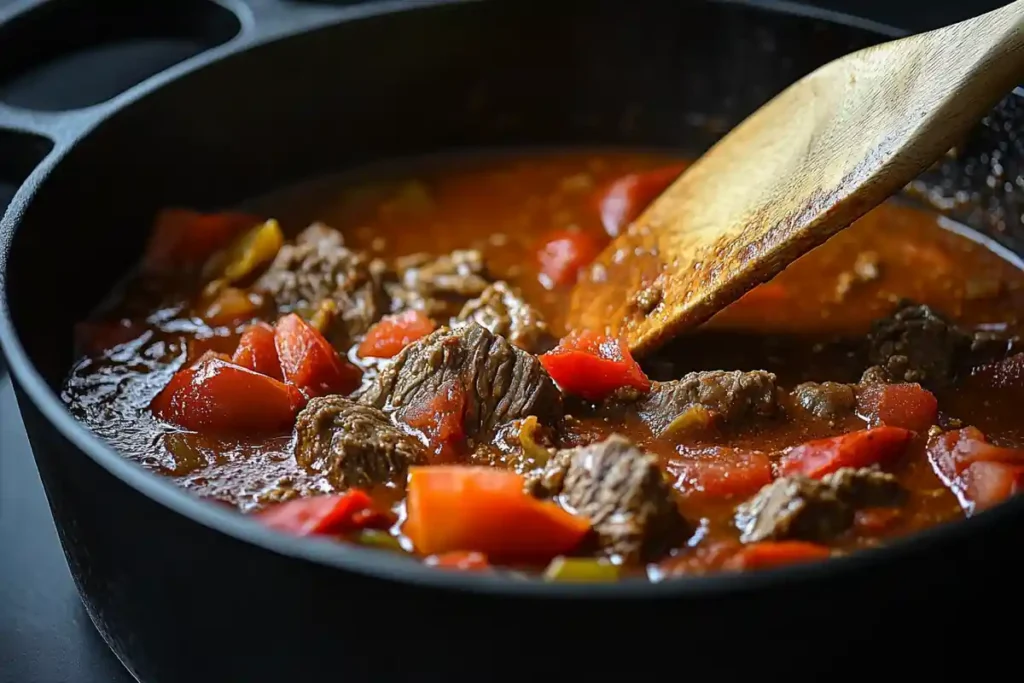 Keto Chili being cooked in a cast-iron pot